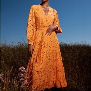 Zara Belted Embroidered Eyelet Dress in Neon Orange, Size L